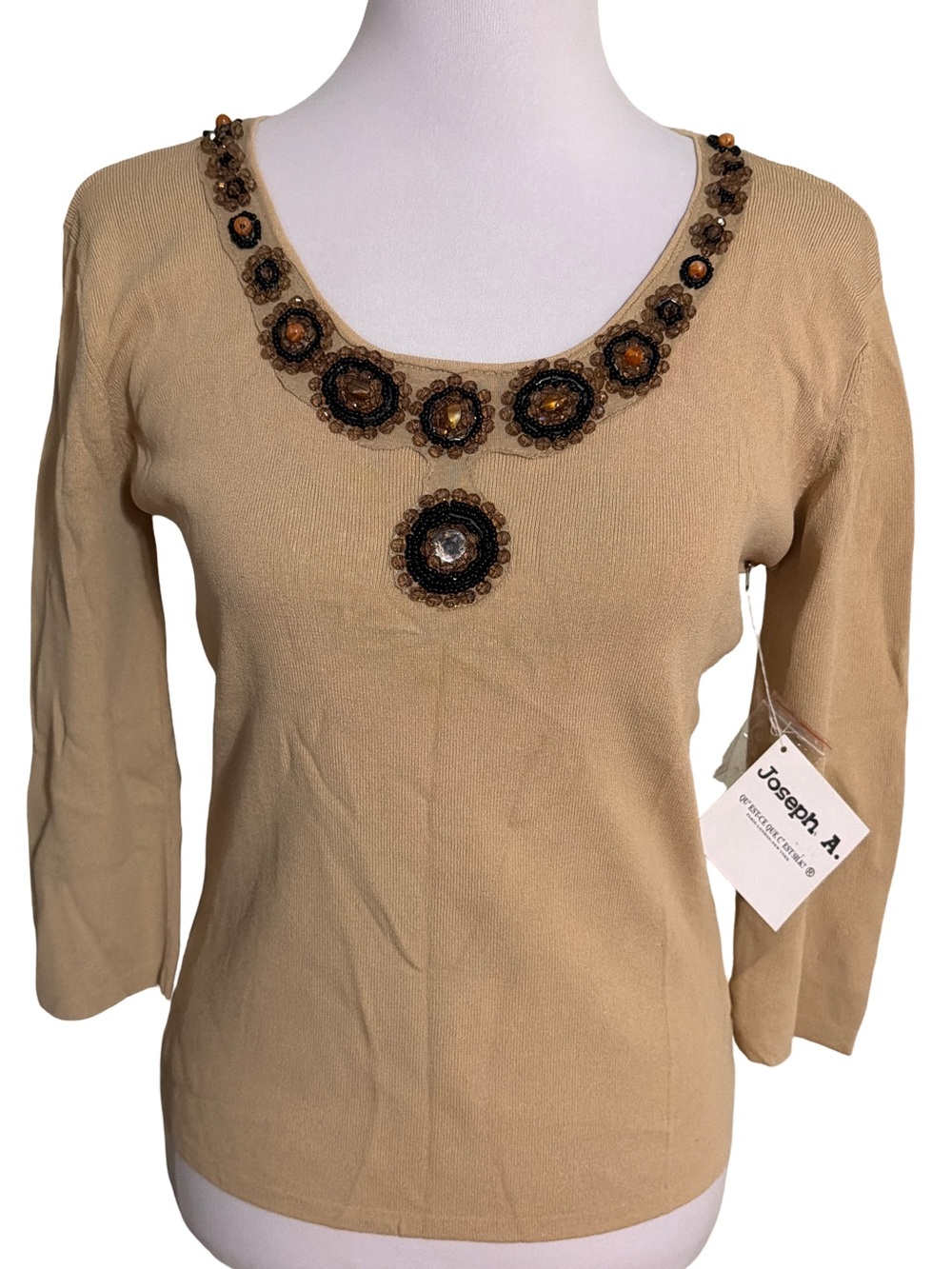 Joseph A Beige Scoop Neck Top with Beaded Medallion Embellishment
